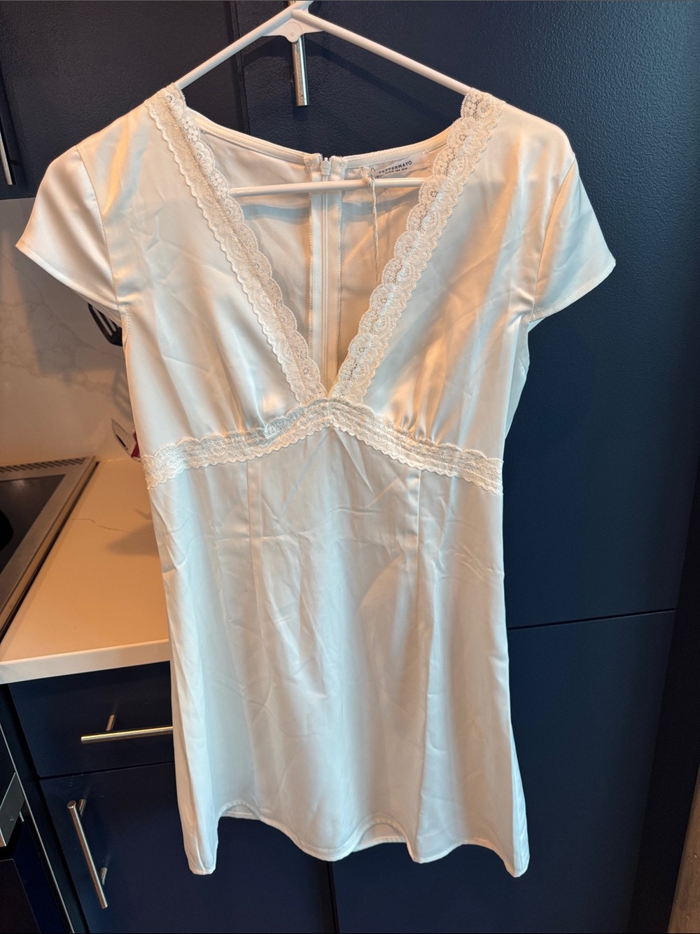 Peppermayo Cream Satin Mini Dress with Lace Trim